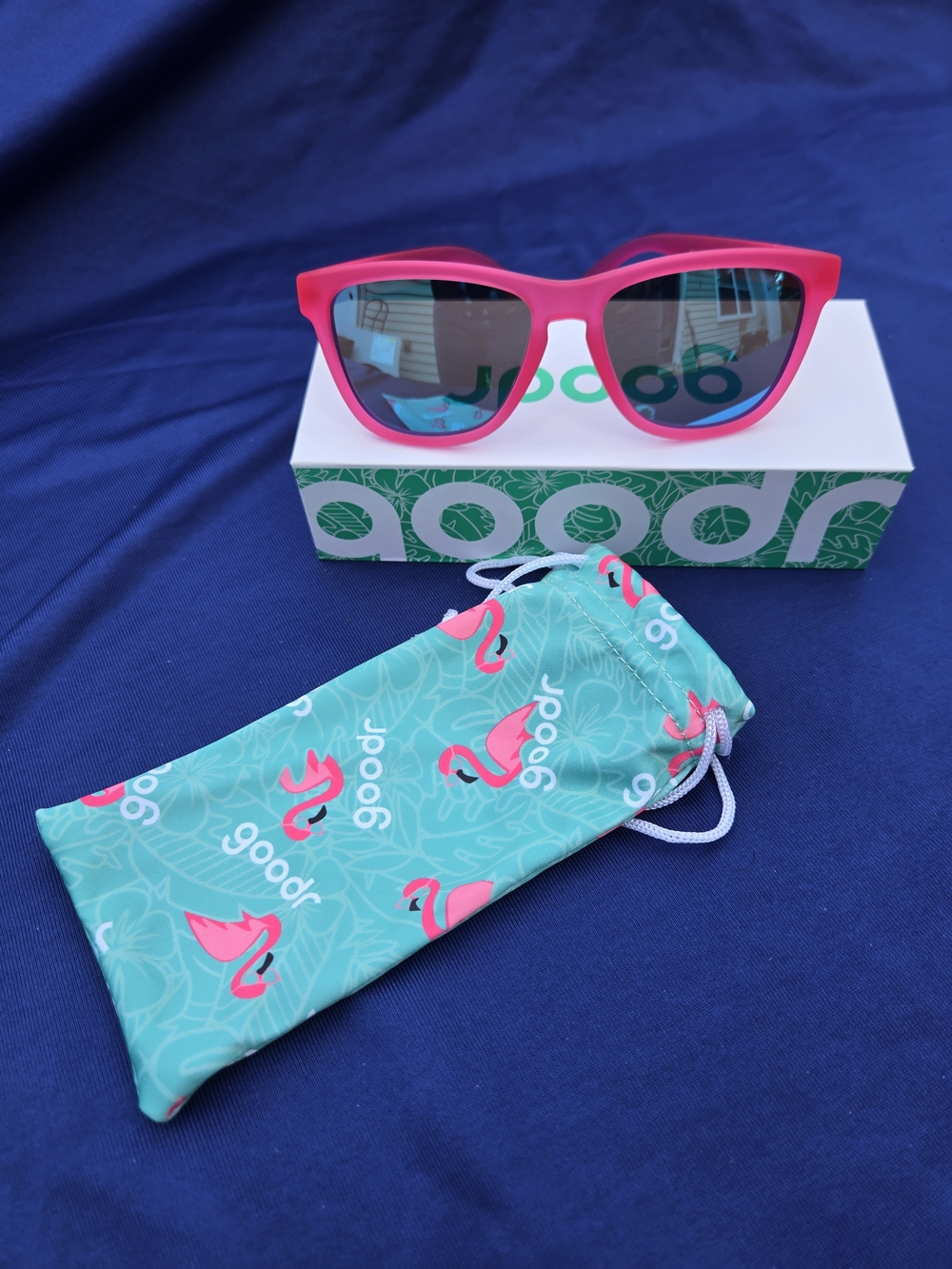 Goodr Pink Sunglasses with Teal Flamingo Pouch